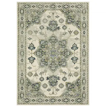 10' X 13' Ivory Blue Teal Grey And Olive Green Oriental Power Loom Stain Resistant Area Rug