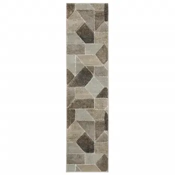 2' X 8' Grey Brown Beige Tan Taupe And Ivory Geometric Power Loom Stain Resistant Runner Rug