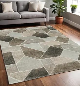 5' X 8' Grey Brown Beige Tan Taupe And Ivory Geometric Power Loom Stain Resistant Area Rug