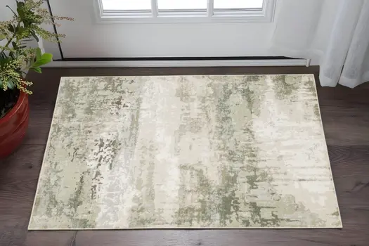 3' X 5' Beige Grey Brown And Sage Green Abstract Power Loom Stain Resistant Area Rug