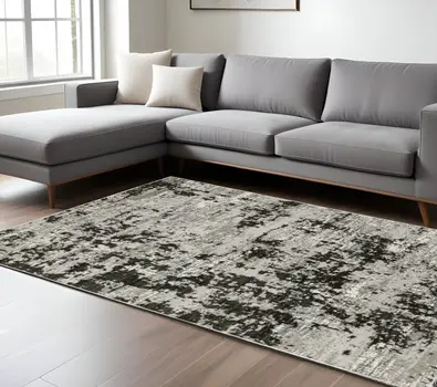 7' X 10' Gray And Black Abstract Distressed Area Rug