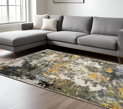 10' X 13' Grey Gold Blue Orange Beige And Brown Abstract Power Loom Stain Resistant Area Rug