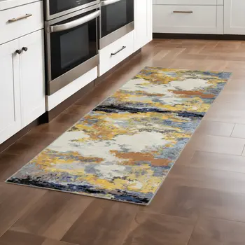 2' X 8' Yellow Gold Blue Grey Brown And Beige Abstract Power Loom Stain Resistant Runner Rug