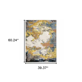 3' X 5' Yellow Gold Blue Grey Brown And Beige Abstract Power Loom Stain Resistant Area Rug