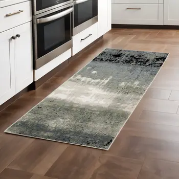 2' X 8' Blue Green Grey And Beige Abstract Power Loom Stain Resistant Runner Rug