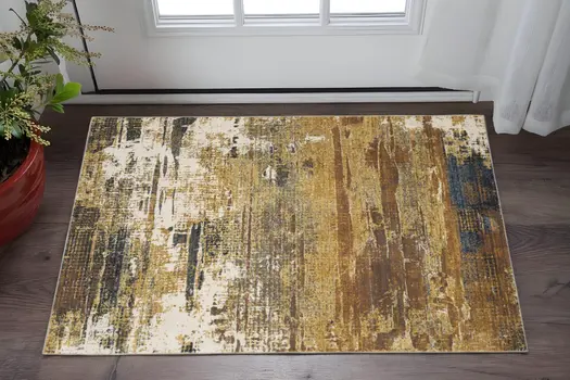 3' X 5' Gold Brown Rust Grey Blue And Beige Abstract Power Loom Stain Resistant Area Rug