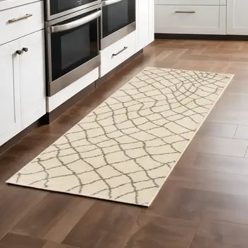 2' X 8' Ivory And Grey Geometric Power Loom Stain Resistant Runner Rug