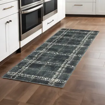 2' X 8' Blue And Ivory Geometric Power Loom Stain Resistant Runner Rug