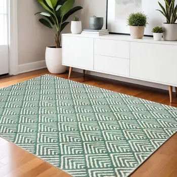 4' X 6' Foam Blue And Ivory Geometric Power Loom Stain Resistant Area Rug