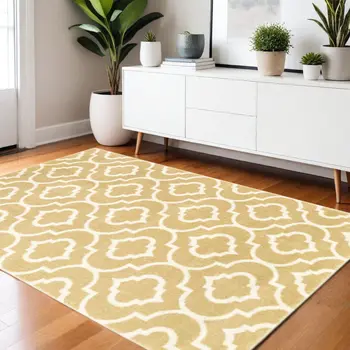 4' X 6' Gold And Ivory Geometric Power Loom Stain Resistant Area Rug