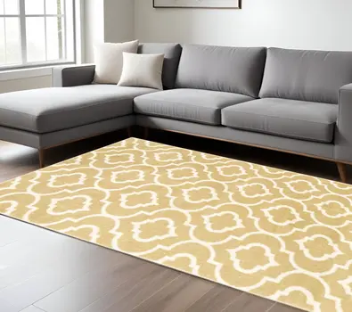 10' X 13' Gold And Ivory Geometric Power Loom Stain Resistant Area Rug