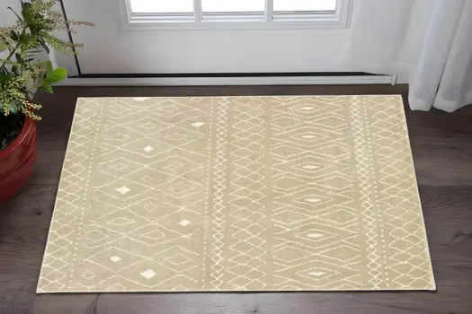 2' X 3' Sand And Ivory Geometric Power Loom Stain Resistant Area Rug