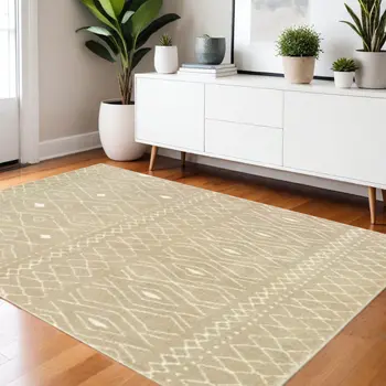 4' X 6' Sand And Ivory Geometric Power Loom Stain Resistant Area Rug
