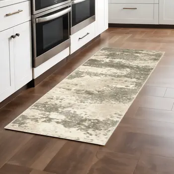 2' X 8' Beige And Grey Abstract Power Loom Stain Resistant Runner Rug