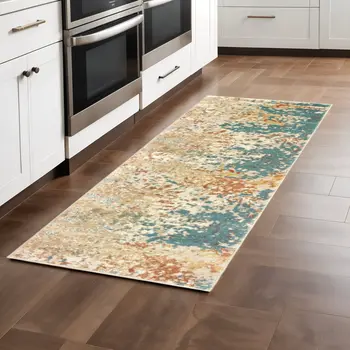 2' X 8' Foam Blue Pumpkin And Golden Yellow Abstract Power Loom Stain Resistant Runner Rug
