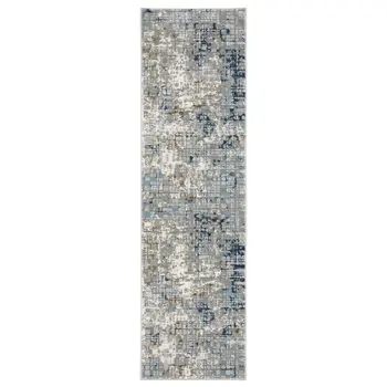 2' X 8' Blue Ivory Grey Brown Beige And Light Blue Abstract Power Loom Stain Resistant Runner Rug