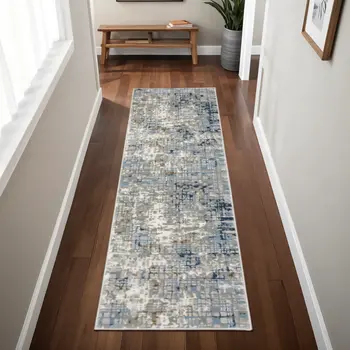 2' X 8' Blue Ivory Grey Brown Beige And Light Blue Abstract Power Loom Stain Resistant Runner Rug