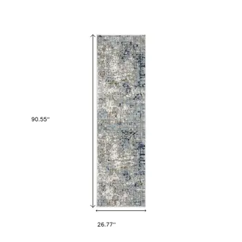 2' X 8' Blue Ivory Grey Brown Beige And Light Blue Abstract Power Loom Stain Resistant Runner Rug