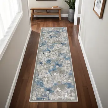 2' X 8' Grey Blue Ivory Navy Beige And Brown Abstract Power Loom Stain Resistant Runner Rug