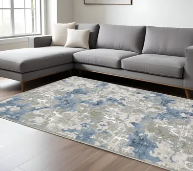 10' X 13' Grey Blue Ivory Navy Beige And Brown Abstract Power Loom Stain Resistant Area Rug