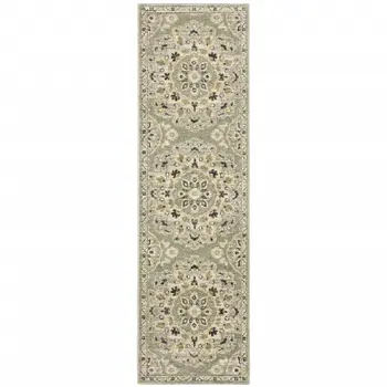 2' X 8' Green Ivory Grey And Tan Floral Power Loom Stain Resistant Runner Rug