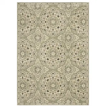 5' X 8' Green Ivory Grey And Tan Floral Power Loom Stain Resistant Area Rug