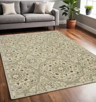 5' X 8' Green Ivory Grey And Tan Floral Power Loom Stain Resistant Area Rug