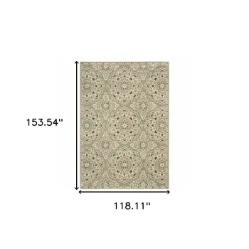 10' X 13' Green Ivory Grey And Tan Floral Power Loom Stain Resistant Area Rug