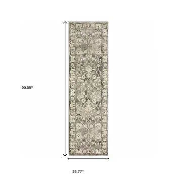 2' X 8' Grey Beige Tan And Brown Oriental Power Loom Stain Resistant Runner Rug