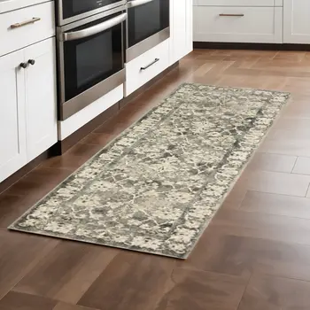 2' X 8' Grey Beige Tan And Brown Oriental Power Loom Stain Resistant Runner Rug