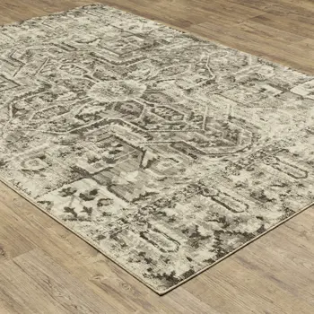8' X 11' Grey Ivory And Brown Oriental Power Loom Stain Resistant Area Rug