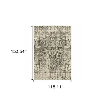 10' X 13' Grey Ivory And Brown Oriental Power Loom Stain Resistant Area Rug