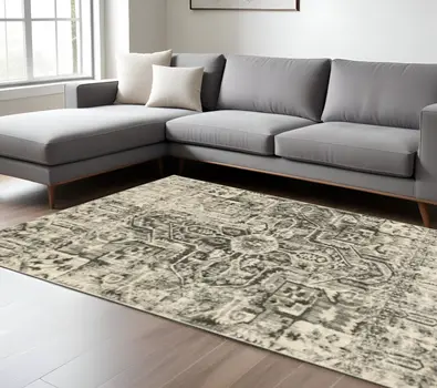 10' X 13' Grey Ivory And Brown Oriental Power Loom Stain Resistant Area Rug