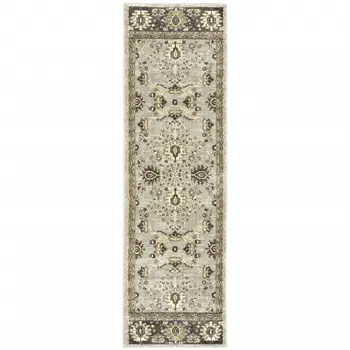 2' X 8' Grey Brown Tan And Beige Oriental Power Loom Stain Resistant Runner Rug
