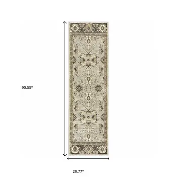 2' X 8' Grey Brown Tan And Beige Oriental Power Loom Stain Resistant Runner Rug