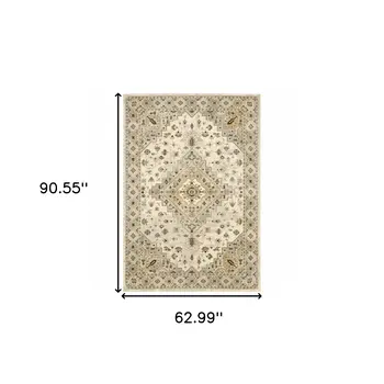 5' X 8' Beige Grey Tan And Brown Oriental Power Loom Stain Resistant Area Rug