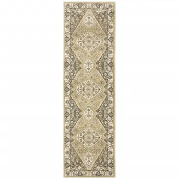 2' X 8' Beige Grey Tan And Charcoal Oriental Power Loom Stain Resistant Runner Rug