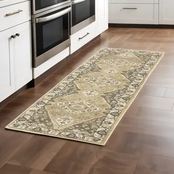 2' X 8' Beige Grey Tan And Charcoal Oriental Power Loom Stain Resistant Runner Rug