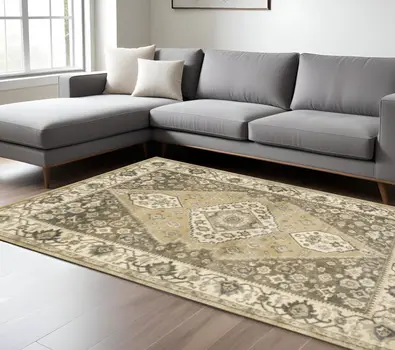10' X 13' Beige Grey Tan And Charcoal Oriental Power Loom Stain Resistant Area Rug
