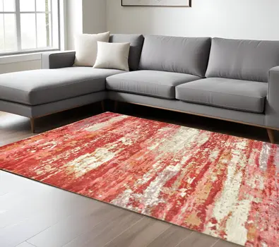 9' X 12' Pink And Red Abstract Hand Loomed Stain Resistant Area Rug