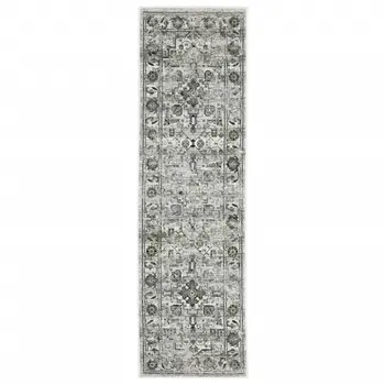 2' X 8' Ivory Grey Charcoal Blue And Taupe Oriental Power Loom Stain Resistant Runner Rug