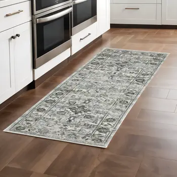 2' X 8' Ivory Grey Charcoal Blue And Taupe Oriental Power Loom Stain Resistant Runner Rug