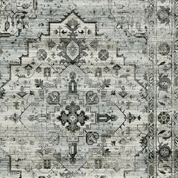 5' X 8' Ivory Grey Charcoal Blue And Taupe Oriental Power Loom Stain Resistant Area Rug