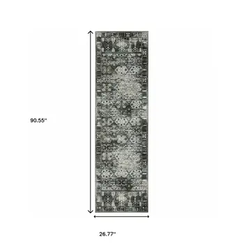 2' X 8' Charcoal Grey Blue Ivory And Taupe Oriental Power Loom Stain Resistant Runner Rug
