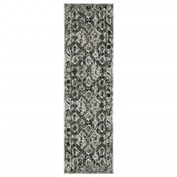 2' X 8' Ivory Charcoal Grey Blue Rust Gold And Brown Oriental Power Loom Stain Resistant Runner Rug