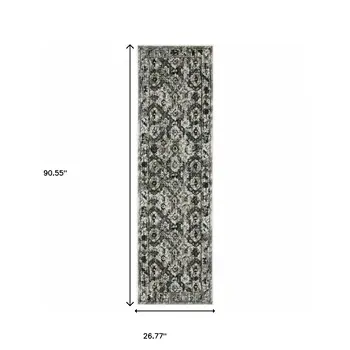 2' X 8' Ivory Charcoal Grey Blue Rust Gold And Brown Oriental Power Loom Stain Resistant Runner Rug