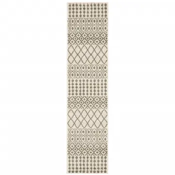 2' X 8' Ivory And Grey Geometric Power Loom Stain Resistant Runner Rug