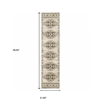 2' X 8' Ivory Grey Black And Ivory Southwestern Power Loom Stain Resistant Runner Rug