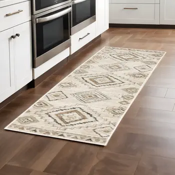 2' X 8' Ivory Grey Black And Ivory Southwestern Power Loom Stain Resistant Runner Rug