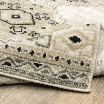 2' X 8' Ivory Grey Black And Ivory Southwestern Power Loom Stain Resistant Runner Rug